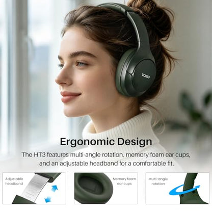 TOZO HT3 Hybrid Noise Cancelling Wireless Headphones, 90H Over Ear Headset | Hi Res Audio, AI Voice Assistant, Dual Device Connection, 32 Custom EQs, Built In 5 Mics, ANC, Foldable, Bluetooth 6.0 - color: Green