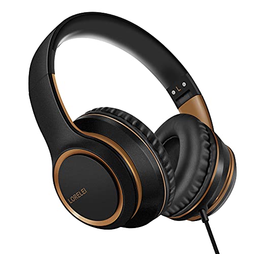 LORELEI X8 Over-Ear Wired Headphones with Microphone with 1.45m-Tangle-Free Nylon Line&3.5mm Plug,Lightweight Foldable & Portable Headphones for Smartphone,Tablet,Computer,Mp3/4(Black-Gold) - color: Black-Gold