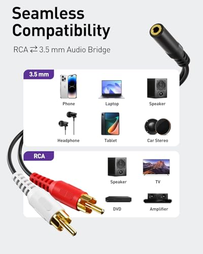 VCE 3.5mm to RCA Splitter, Gold Plated Male Stereo Audio Y Cable, 2-Pack | Compatible with TV, Smartphones, MP3, Tablets, Speakers, Home Theater, 8 inch - size: ['8 inches']