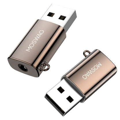 MOSWAG 2 Pack USB to 3.5mm Jack Audio Adapter, External Stereo Sound Card | Smart Sound Chip, Mini Size USB to Audio Aux Adapter TRRS Female Headset for PS5/PS4, Headphone, Mac, Linux, Laptop, Desktops - size: 2 Pack