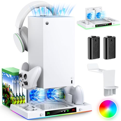 Upgrade Cooling Fan &Dual Charge Stand for Xbox Series X Console&Controller | Cooler Charger Station System for Xbox X with 15 RGB Light, 2x1400mAh Rechargeable Battery, Disc Accessories Storage (White) - color: White