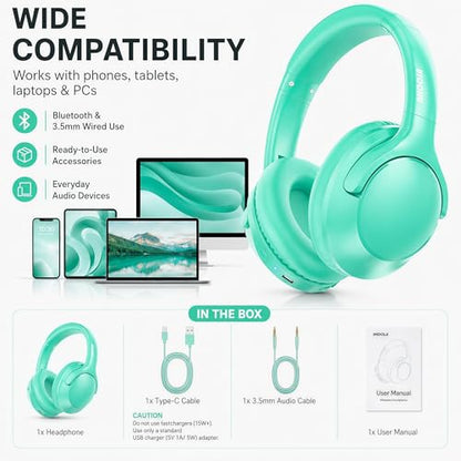 Bluetooth Headphones Wireless 68H with Mic,Decent Sound-Acceptable Cyan | Adjustable Headband Foldable Over-Ear Lightweight for Office/Travel/Tablet/iPad/Laptop,HD Stereo Sound,Aux 3.5mm,Green - color: Cyan