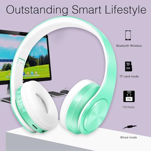 RAT TAIL V5.3 Bluetooth Headphones Over-Ear, Foldable Wireless and Wired Stereo Headset Micro SD/TF, FM for Cell Phone,PC,Soft Earmuffs &Light Weight for Prolonged Wearing (Green) - color: Green