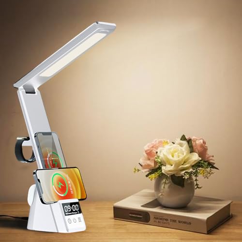 IHAO 6in1 Multifunctional Foldable LED Desk Lamp with Wireless Charger Digital Alarm Clock Eye-Care Lighting 3 Color Modes 15W Qi Charger for Phone/Headphones Compatible with iWatch Charger-N61 White - color: Multi Funcitonal Alarm Clock N61 White