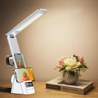 IHAO 6in1 Multifunctional Foldable LED Table Lamp with Wireless Charger Digital Alarm Clock Eye-Care Lighting 3 Color Modes 15W Qi Charger for Phone/Headphones, iWatch Charger Compatible-N61 White - color: Multi Funcitonal Desk Lamp N61 White