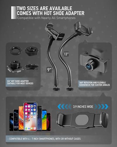 KHC1417 Phone Holder for Ring Light, 9-Inch Gooseneck, Hot Shoe Mount | Ring Light Phone Mount, Camera Hot Shoe Phone Holder, 1/4-20 Tripod Mount, 9-Inch Gooseneck, Cell Phone Clamp - size: 9" with Hot Shoe