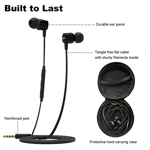 Joymiso Wired Earbuds for School Kids Women Small Ears w Mic and Case Black | Volume Control, 6 Sizes Tips, Lightweight Comfortable, Tangle Free Flat Cable, in Ear Headphones for Cell Phone Laptop Tablet