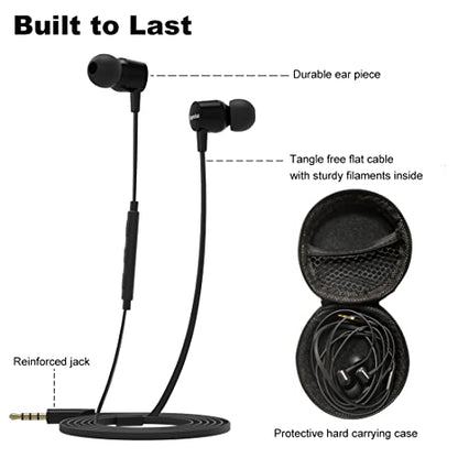 Joymiso Wired Earbuds for School Kids Women Small Ears w Mic and Case Black | Volume Control, 6 Sizes Tips, Lightweight Comfortable, Tangle Free Flat Cable, in Ear Headphones for Cell Phone Laptop Tablet
