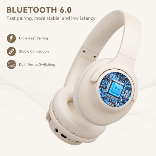 KVIDIO Bluetooth Headphones Wireless Over Ear Headsets 65H Playtime | Deep Bass, HiFi Stereo, Bluetooth 6.0, Microphone, Comfortable Fit, Foldable, Lightweight, Low Latency for Travel Home Office - color: Beige