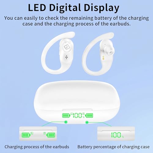 Wireless Earbuds with Ear Hooks 96H Playtime for iPhone Android | LED Display Deep Bass Stereo Sound Built in Mic Sweat Resistant Design Low Latency Mode for Sports Gaming - color: White