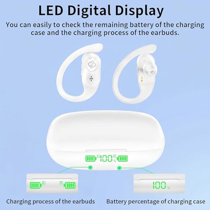 Wireless Earbuds with Ear Hooks 96H Playtime for iPhone Android | LED Display Deep Bass Stereo Sound Built in Mic Sweat Resistant Design Low Latency Mode for Sports Gaming - color: White