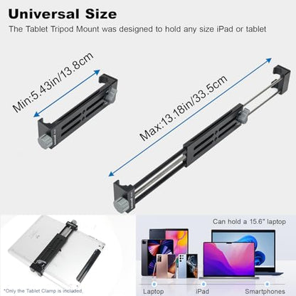 koolehaoda Aluminum iPad Tripod Holder Mount Adapter with 2 Arca Dovetail Mounts, 1/4" Screw & Cold Shoe (5.4” to 13”) Adjustable Universal Tablet Clamp Video Recording for iPhone iPad Air Mini | Universal Adjustable Tripod Mount 1/4" Screw CNC Quick Rele