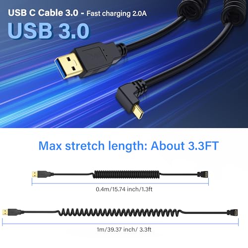 SinLoon USB Type C Coiled Cable 5Gbps Retractable 90 Degree USB3.0 to USB C Charging Cable and Data Transfer for Phone, Tablet, Other USB C Devices (M to D)