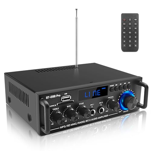 BT-298Pro 400W Amp, 2.0 Bluetooth Home Stereo Receiver w/Mic Echo & Bass | Stable BT 5.0 for phones/tablets. Supports USB, SD, AUX & FM. MIC input with adjustable echo for karaoke fun