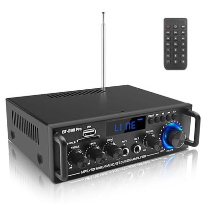 BT-298Pro 400W Amp, 2.0 Bluetooth Home Stereo Receiver w/Mic Echo & Bass | Stable BT 5.0 for phones/tablets. Supports USB, SD, AUX & FM. MIC input with adjustable echo for karaoke fun