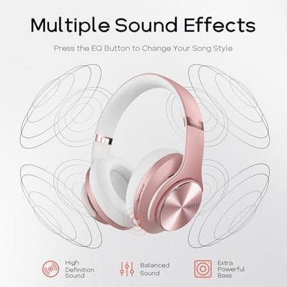DOQAUS Bluetooth Headphones Over Ear, 90H Playtime, 3EQ Mode, with ENC Mic | Hifi Stereo Sound, Lightweight, Headphones Wireless with Soft Memory Foam Earpads, Deep Bass for Home Office Cellphone PC - color: Rose Gold