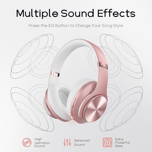 DOQAUS Bluetooth Headphones Over Ear, 90H Playtime, 3EQ Mode, with ENC Mic | Hifi Stereo Sound, Lightweight, Headphones Wireless with Soft Memory Foam Earpads, Deep Bass for Home Office Cellphone PC - color: Rose Gold