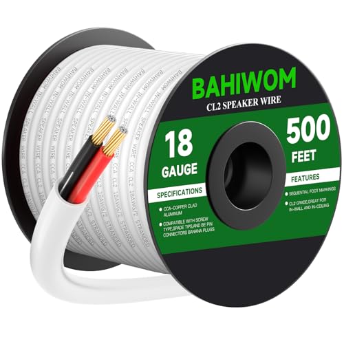 White Speaker Wire 18 Gauge 500FT CL2 Rated CCA Speaker Cable | Flexible PVC Jacket 2 Conductors Red & Black Polarity Mark for Home Theater,Indoor,In-Wall,In-Ceiling & Marine - size: 500 FT, style: 18GAUGE