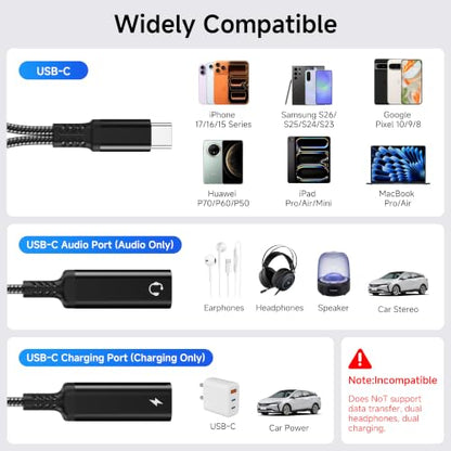 Marsno 𝐔𝐩𝐠𝐫𝐚𝐝𝐞𝐝 USB C Splitter, 2-in-1 USB C Headphone and Charger Adapter with HiFi DAC, PD 60W Fast Charging USB C Aux Dongle Cable for iPhone 17 16 15, iPad, Pixel,Galaxy S25 S24
