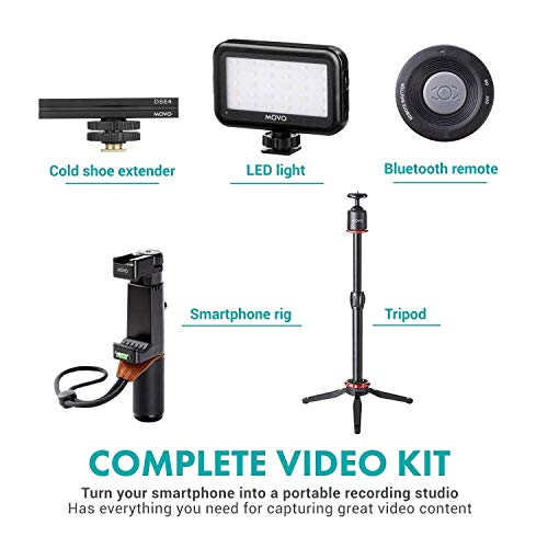 Movo Huge iPhone Vlogging Kit V8 with iPhone Lightning Dongle, Mini Tripod, Grip Rig, Wireless Shotgun Mini, 360° Stereo Microphones, LED Lights, Remote - Perfect for TiKTok, YouTube, and Streaming