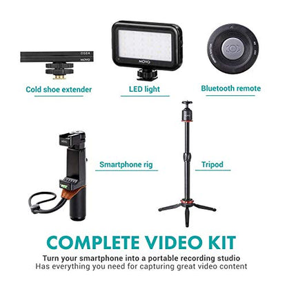 Movo Huge iPhone Vlogging Kit V8 with iPhone Lightning Dongle, Mini Tripod, Grip Rig, Wireless Shotgun Mini, 360° Stereo Microphones, LED Lights, Remote - Perfect for TiKTok, YouTube, and Streaming