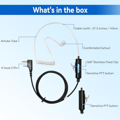 SAMCOM 2 Pin Acoustic Tube Earpiece Walkie Talkies,Air Tube in-Ear Headset with Mic for FPCN30A Two Way Radios, Hands-Free Surveillance Radio Earpieces with PTT for K Plug Radio,2 Packs