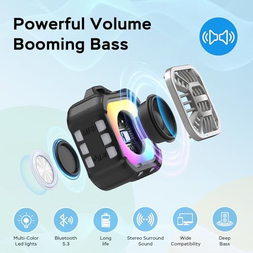 INSMY Shower Speaker IP67 Waterproof Bluetooth Speakers, Portable Small | Multi Sync 100+ Speakers, Big Volume Booming Bass, 24H Playtime,Floatable,RGB Lights for Outdoor Kayak Beach (Black) - color: Black