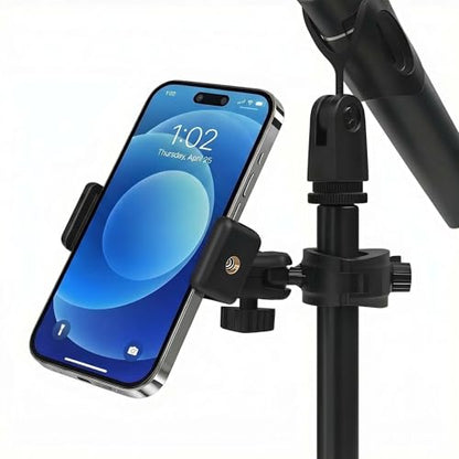 Phone Holder for Microphone Stand, Adjustable Mic Music Stand Phone Holder for Mobile Phones, Rotatabe Phone Mic Stand Mount Compatible with for All iPhone, Android Cell Phone