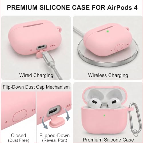 Silicone Case Cover for AirPods 4th Gen, Soft Skin, Full Protection, Keychain, Cleaner Kit (Pink) - color: A4-Pink