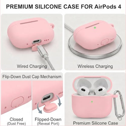 Silicone Case Cover for AirPods 4th Gen, Soft Skin, Full Protection, Keychain, Cleaner Kit (Pink) - color: A4-Pink