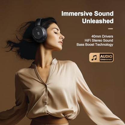 Calmbee Over-Ear Hybrid Active Noise Cancelling Bluetooth 5.3 Headphones | ANC Mode, Transparency Mode, Microphone, Up to 140H Playtime, Bluetooth 5.3, Deep Bass, Clear Calls, Fit for Travel - color: Black
