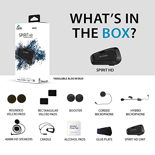 Cardo Systems Spirit HD Motorcycle Bluetooth Communication Headset, 2-Way Bluetooth, Thin 40mm Speakers, Waterproof, Universal Connectivity - Single Pack - size: 1 Pack, style: Spirit HD
