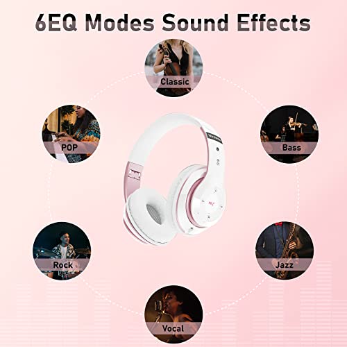Bluetooth Headphones Over Ear, 6S Foldable Wireless Headphones with 6 EQ Modes, 40 Hours Playtime HiFi Stereo Headset with Mic, Soft Ear Pads, TF/FM for Cellphone/PC/Home (White & Rose Gold) - color: Rose Gold