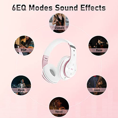 Bluetooth Headphones Over Ear, 6S Foldable Wireless Headphones with 6 EQ Modes, 40 Hours Playtime HiFi Stereo Headset with Mic, Soft Ear Pads, TF/FM for Cellphone/PC/Home (White & Rose Gold) - color: Rose Gold