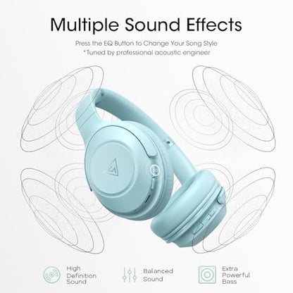 DOQAUS Bluetooth Headphones Over Ear, 70H Playtime,3 EQ Modes, with ENC Mic | HiFi Stereo Sound, Deep Bass, Soft Memory Foam Earpads, Headphone Wireless for Phone PC Travel Home Office, Blue - color: Light Blue