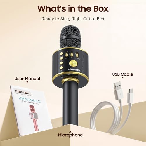 BONAOK Wireless Bluetooth Karaoke Microphone, 3-in-1 Portable Handheld Mic Speaker Machine for All Smartphones, Gifts to Girls Boys Kids Adults All Age Q37(Black Gold) - color: Black Gold