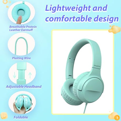 Wired Headphones with Mic, Type C Headphones, Volume Control Type-C, On-Ear with Wire for Laptop、Phone, Wired Headphone Over Ear (Green+Pink)
