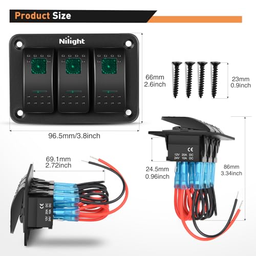 Nilight 3 Gang Rocker Switch Panel SPST On Off Toggle with DIY Label Sticker | 5PIN Electrical 12V/20A 24V/10A Aluminum Plate with Pre-Wired Jumper Wires for LED Light Bar RV Boats 4X4 Cars Green - color: Green, size: 3 Gang