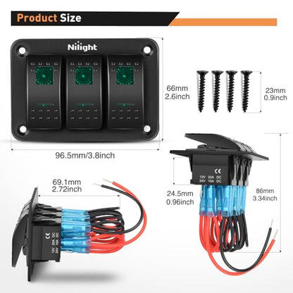 Nilight 3 Gang Rocker Switch Panel SPST On Off Toggle with DIY Label Sticker | 5PIN Electrical 12V/20A 24V/10A Aluminum Plate with Pre-Wired Jumper Wires for LED Light Bar RV Boats 4X4 Cars Green - color: Green, size: 3 Gang