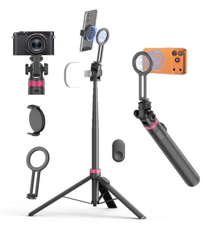 69" Magnetic Phone Tripod Stand Selfie Stick with Remote & Phone Mount | Portable Stand holder Rechargeable with Tripod Leg，360°Rotatable Travel Tripod Compatible for iPhone/Android/Magsafe