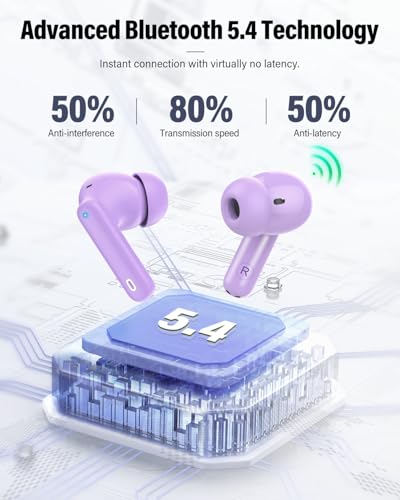 Wireless Earbuds, Bluetooth 5.4 Headphones Bass Stereo/Clear Calls, Purple | Ear Buds with Noise Cancelling Mic LED Display in Ear Earphones IP7 Waterproof 36H Bluetooth Earbuds for Phones/Sport/Laptop - color: Purple
