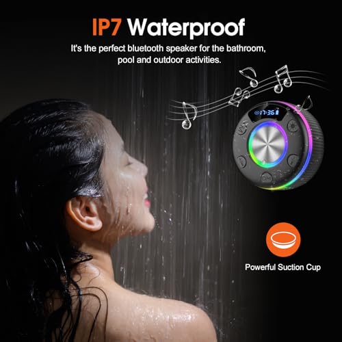 Bluetooth Shower Speaker, Portable Bluetooth 5.3 Speakers Wireless with Time Display, IP7 Waterproof Speakers with RGB Light, Suction Cup, Mini Stereo Speaker for Bathroom Party Travel Beach Outdoor - color: Jet Black