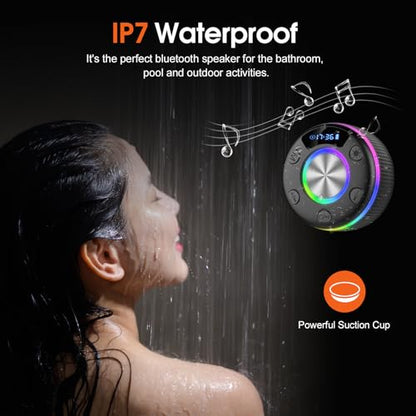 Bluetooth Shower Speaker, Portable Bluetooth 5.3 Speakers Wireless with Time Display, IP7 Waterproof Speakers with RGB Light, Suction Cup, Mini Stereo Speaker for Bathroom Party Travel Beach Outdoor - color: Jet Black