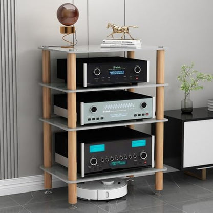 Audio Component Rack, Stereo Rack with 8mm Tempered Glass Shelves, Solid Wood Columns & Anti-Vibration Metal Feet for Power Amplifier, Stereo Receiver, Turntable & AV Equipment(White,4 Tier) - color: White, size: 4 Tier