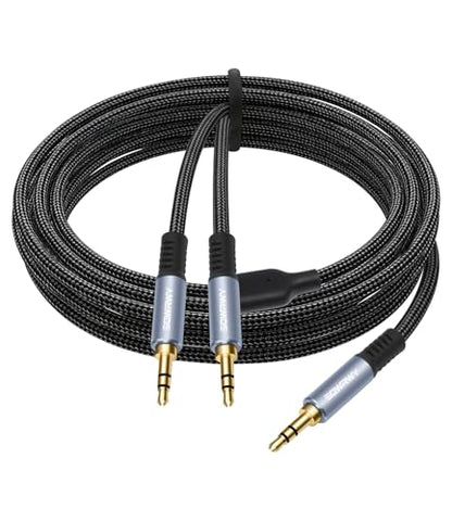 6.6FT 3.5mm Male to Dual 3.5mm Male Y-Splitter Cable, Gold-Plated TRS 2-Way Adapter for Headphones, Smartphone, Laptop, and in-Flight Entertainment