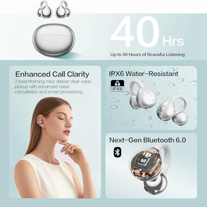 2026 Open Ear Clip On Earbuds with Detachable Butterfly Earrings, Bluetooth 6.0 Wireless Headphones for Women, 50H Playtime, Lightweight & Pain-Free Fit for Small Ears, IPX6，Great Gift Silver - color: Silver