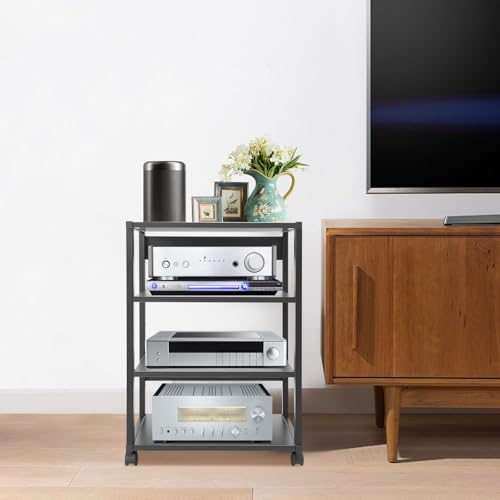 4-Tier AV Stand, Audio Video Media Rack with Lockable Wheels, 88 Lbs Capacity Audio Rack Shelf for Record Player, Stereo Receiver, Living Room, Black (4-Tier) - size: 4-Tier