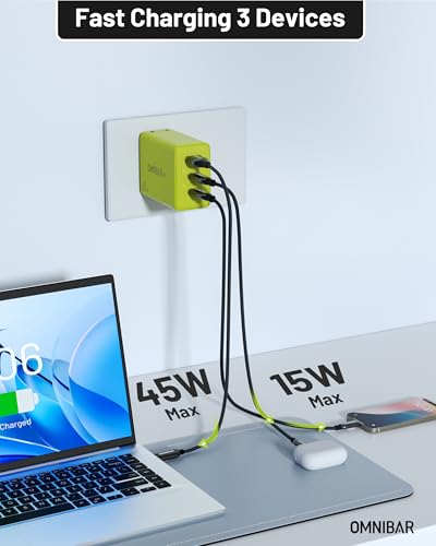 65W USB C Charger Block, 3-Port GaN Fast Wall Charger Power Adapter | 2 USB-C & 1 USB-A, Foldable Plug, PD 3.0 PPS Fast Charging, for iPhone 17/16/15, Galaxy S26/S25, Pixel 10/9, iPad & MacBook - color: Lime Green