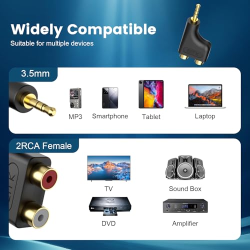 EMK 3.5mm to RCA Female 2-Pack RCA Female to Aux Audio Adapter HiFi Sound Headphone Jack Adapter Metal Shell Y Splitter Auxiliary Cord 1/8 Connector for Phone Speaker MP3 Tablet HDTV