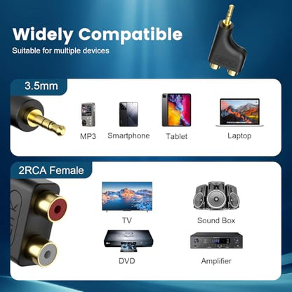EMK 3.5mm to RCA Female 2-Pack RCA Female to Aux Audio Adapter HiFi Sound Headphone Jack Adapter Metal Shell Y Splitter Auxiliary Cord 1/8 Connector for Phone Speaker MP3 Tablet HDTV